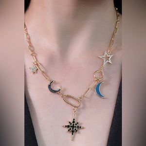 18K Gold Plated Moon and Stars Rhinestone Charm Trinket Necklace